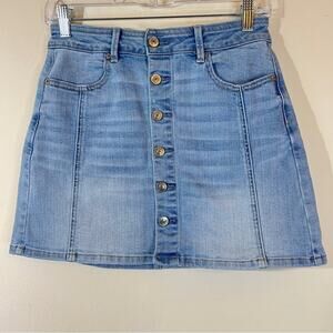 American Eagle Denim Skirt Sz 4 Light Wash High Waisted Button-front A-line